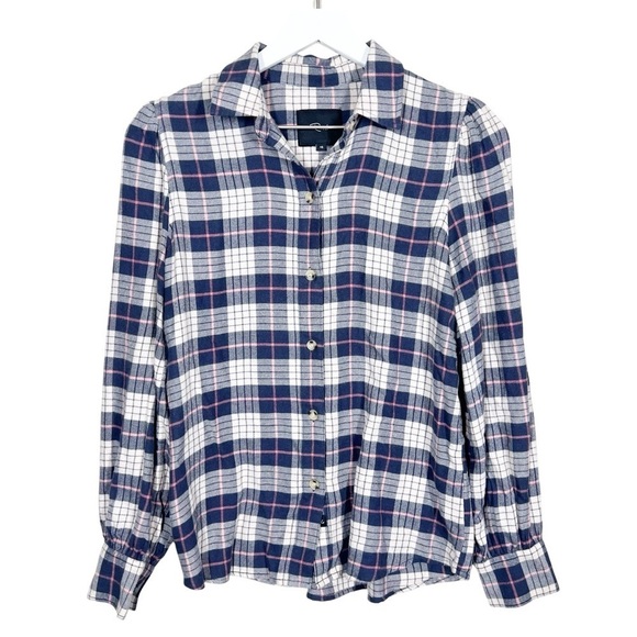 Rails Angelica Puff Sleeve Almond Pink Navy Plaid Button Up Shirt Size XS - Picture 2 of 10